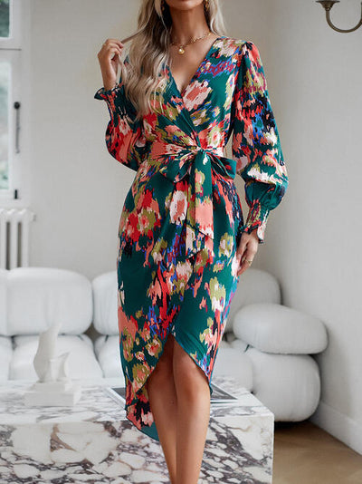 BEAUTIFUL I AM Printed Tie Front Lantern Sleeve Dress