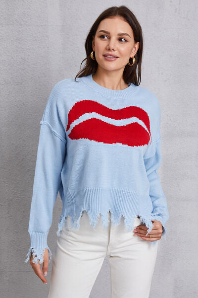 BEAUTIFUL I AM Lip Fringe Round Neck Sweater