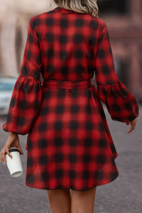 BEAUTIFUL I AM Plaid Tie Waist Balloon Sleeve Mini Dress