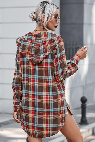 BEAUTIFUL I AM Plaid Drawstring Long Sleeve Hooded Dress with Pocket