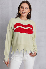 BEAUTIFUL I AM Lip Fringe Round Neck Sweater