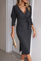 BEAUTIFUL I AM Surplice Neck Tied Ribbed Dress