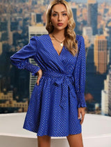 BEAUTIFUL I AM Polka Dot Tie Front Smocked Long Sleeve Dress