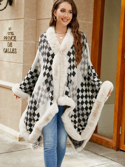 BEAUTIFUL I AM Checkered Faux Fur Trim Poncho