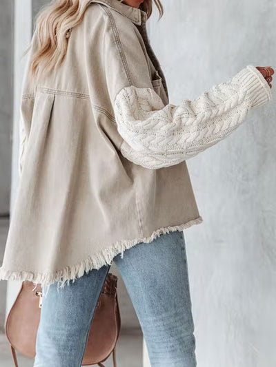 BEAUTIFUL I AM Cable-Knit Raw Hem Denim Jacket