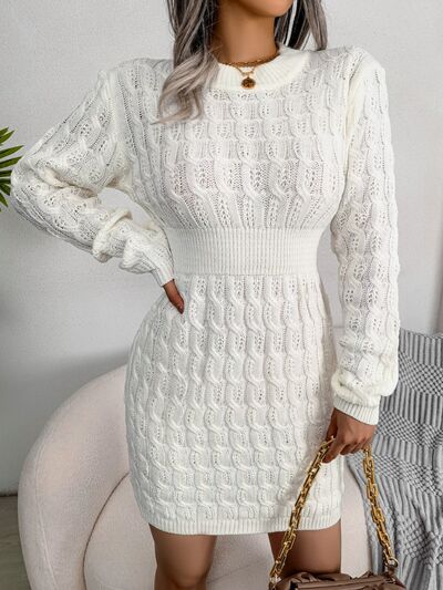 BEAUTIFUL I AM Cable-Knit Round Neck Mini Wrap Sweater Dress