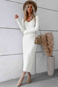 BEAUTIFUL I AM V-Neck Long Sleeve Ribbed Sweater Dress