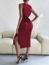 BEAUTIFUL I AM Round Neck Tie Back Slit Sleeveless Dress