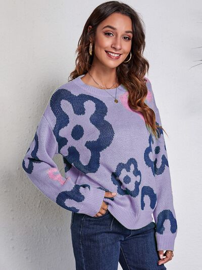 BEAUTIFUL I AM Flower Pattern Round Neck Long Sleeve Sweater