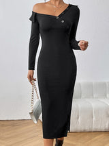 BEAUTIFUL I AM Asymmetrical Neck Long Sleeve Slit Dress