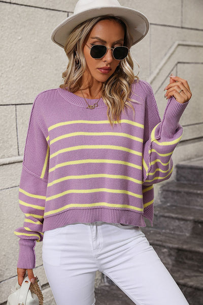 BEAUTIFUL I AM Striped Dropped Shoulder Round Neck Pullover Sweater