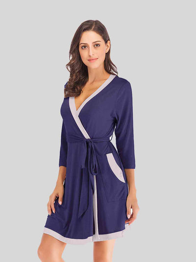 BEAUTIFUL I AM Tie Waist Surplice Neck Robe with Pockets