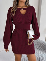 BEAUTIFUL I AM Cable-Knit Cutout Round Neck Slit Sweater Dress