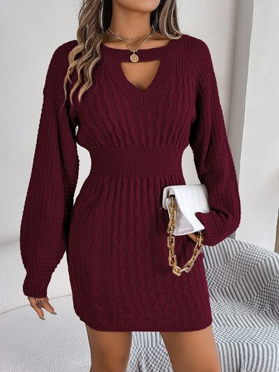 BEAUTIFUL I AM Cable-Knit Cutout Round Neck Slit Sweater Dress