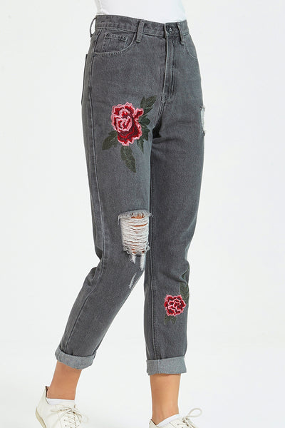 BEAUTIFUL I AM Flower Embroidery Distressed Jeans