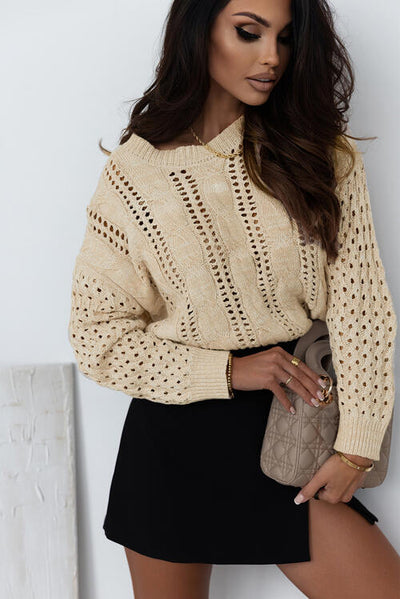 BEAUTIFUL I AM Full Size Openwork Cable-Knit Round Neck Knit Top Shirt