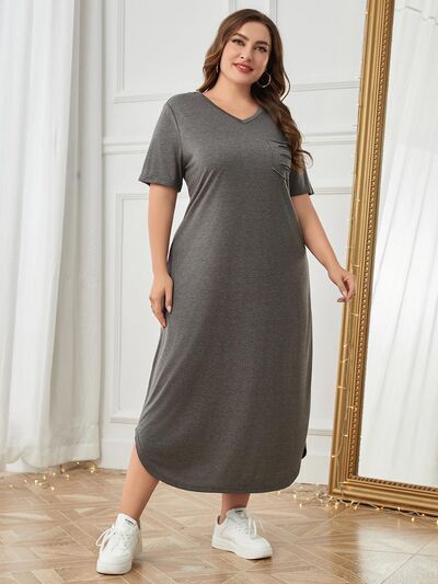 BEAUTIFUL I AM Plus Size Pocketed V-Neck Short Sleeve Lounge Dress