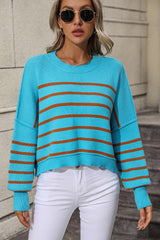 BEAUTIFUL I AM Striped Dropped Shoulder Round Neck Pullover Sweater