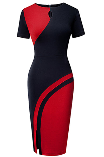 BEAUTIFUL I AM Two-Tone Round Neck Short Sleeve Slit Dress