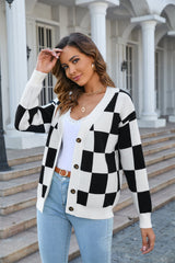 BEAUTIFUL I AM Button-Up Plaid V-Neck Dropped Shoulder Cardigan