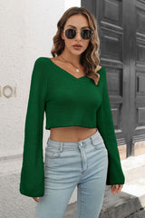 BEAUTIFUL I AM Cropped V-Neck Flare Sleeve Knit Top Shirt