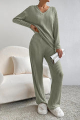 BEAUTIFUL I AM Ribbed V-Neck Top and Pants Set