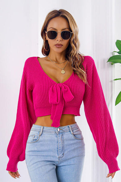 BEAUTIFUL I AM Bow V-Neck Long Sleeve Cropped Sweater