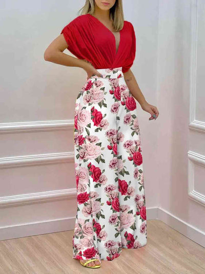 BEAUTIFUL I AM Printed Surplice Top and Wide Leg Pants Set