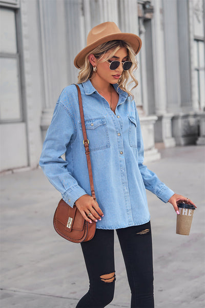 BEAUTIFUL I AM Collared Neck Dropped Shoulder Denim Shirt Top