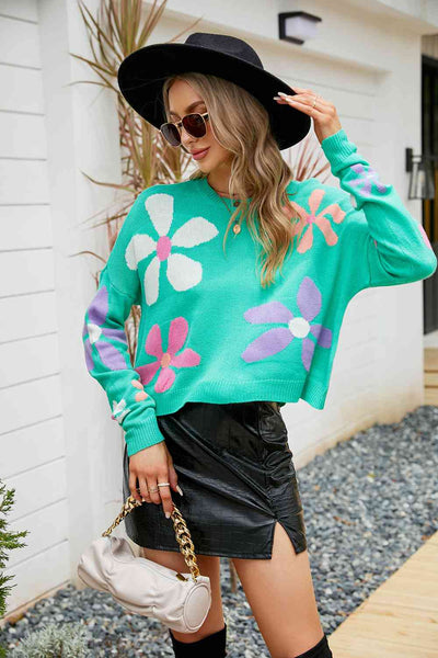 BEAUTIFUL I AM Flower Round Neck Drop Shoulder Sweater