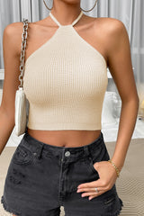 BEAUTIFUL I AM Halter Neck Ribbed Cropped Knit Top Shirt