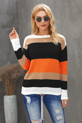 BEAUTIFUL I AM Round Neck Color Block Dropped Shoulder Knit Top Sweater