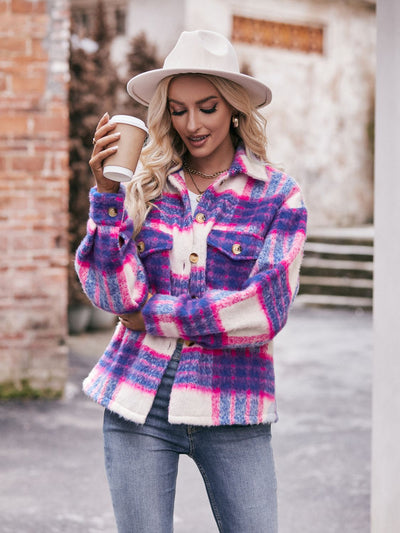 BEAUTIFUL I AM Plaid Dropped Shoulder Collared Jacket