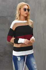 BEAUTIFUL I AM Round Neck Color Block Dropped Shoulder Knit Top Sweater