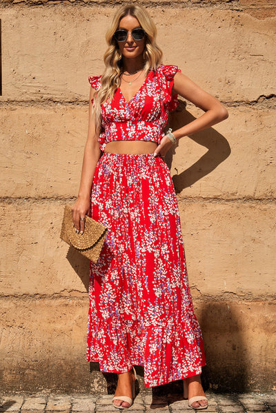 BEAUTIFUL I AM Printed Tie Back Cropped Top and Maxi Dress Set