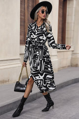 BEAUTIFUL I AM Printed Tie Front Collared Neck Slit Shirt Dress