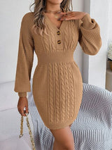 BEAUTIFUL I AM Buttoned Cable-Knit V-Neck Sweater Dress