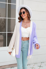 BEAUTIFUL I AM Open Front Contrast Color Balloon Sleeve Cardigan