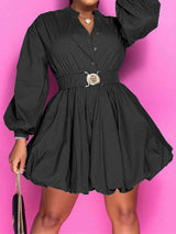 BEAUTIFUL I AM Notched Button Up Balloon Sleeves Dress