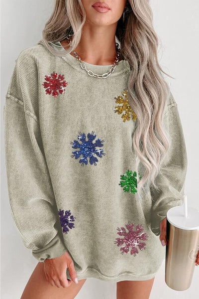 BEAUTIFUL I AM Sequin Snowflake Round Neck Sweatshirt