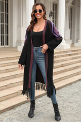 BEAUTIFUL I AM Geometric Fringe Hem Open Front Duster Cardigan