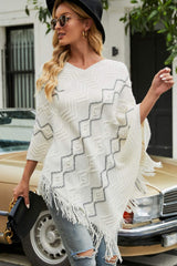 BEAUTIFUL I AM Pearl Trim V-Neck Fringe Hem Poncho