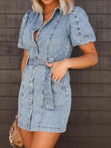 BEAUTIFUL I AM Puff Sleeve Button Up Mini Denim Dress