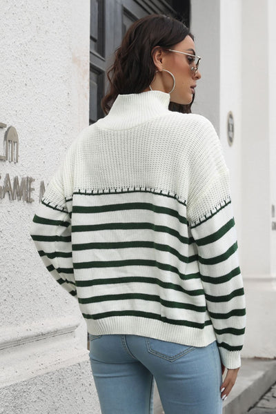 BEAUTIFUL I AM Striped Turtleneck Drop Shoulder Sweater