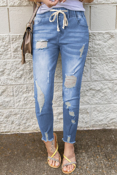 BEAUTIFUL I AM Drawstring Distressed Raw Hem Jeans with Pockets