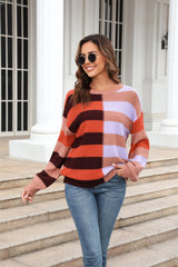 BEAUTIFUL I AM Round Neck Long Sleeve Color Block Dropped Shoulder Pullover Sweater