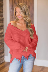 BEAUTIFUL I AM Frayed Hem Dropped Shoulder Sweater