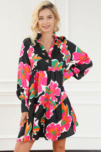 BEAUTIFUL I AM Flower Print Notched Ruffle Hem Dress