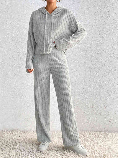 BEAUTIFUL I AM Drawstring Ribbed Hoodie and Straight Leg Pants Set