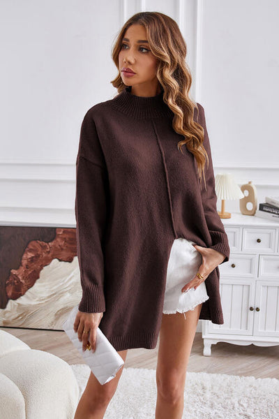 BEAUTIFUL I AM Exposed Seam Mock Neck Slit Sweater